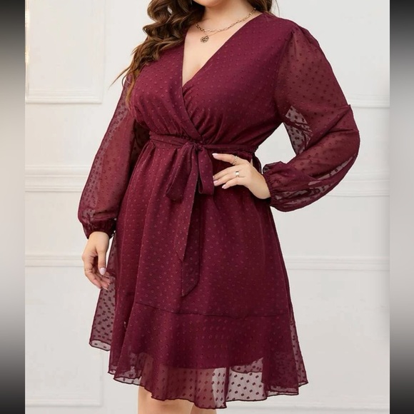 Burgundy plus size  bishop sleeve ruffle hem belted mini dress - Picture 3 of 6